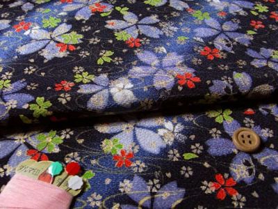 ちりめん生地・金水桜(黒) 10cm単位 切り売り