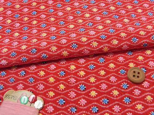 ちりめん生地・横波に丸花（赤）