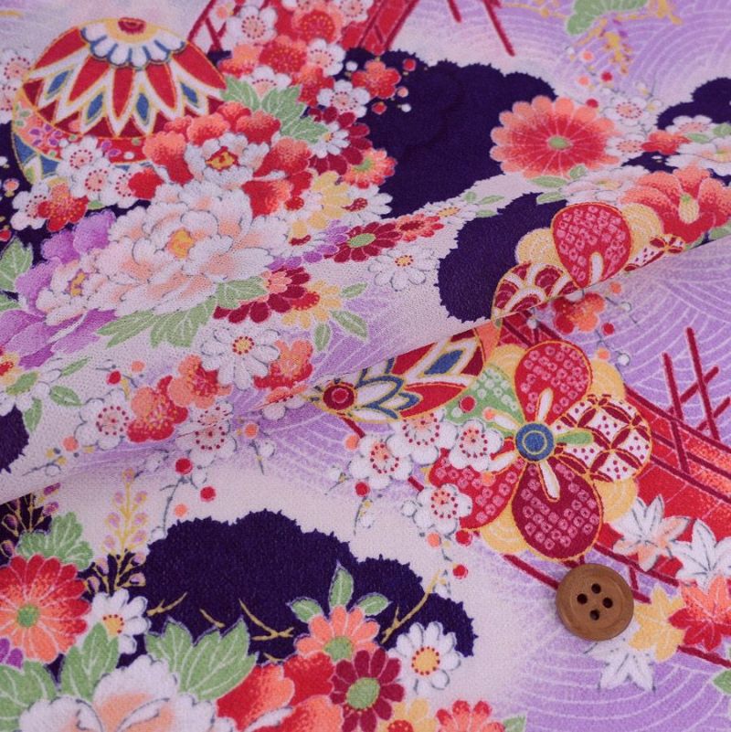 一越ちりめん・波文様に花（紫）