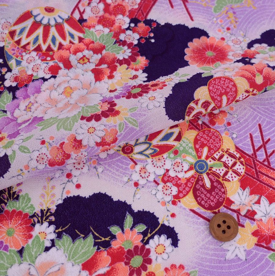 一越ちりめん・波文様に花（紫）