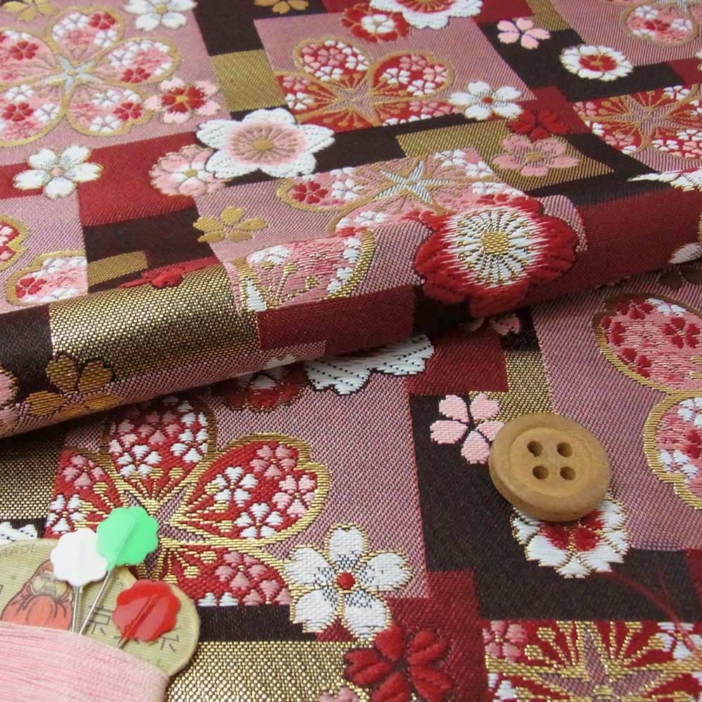 金襴生地(金らん)色紙文にモダン桜(黒/赤) 10cm単位 切り売り |生地 和