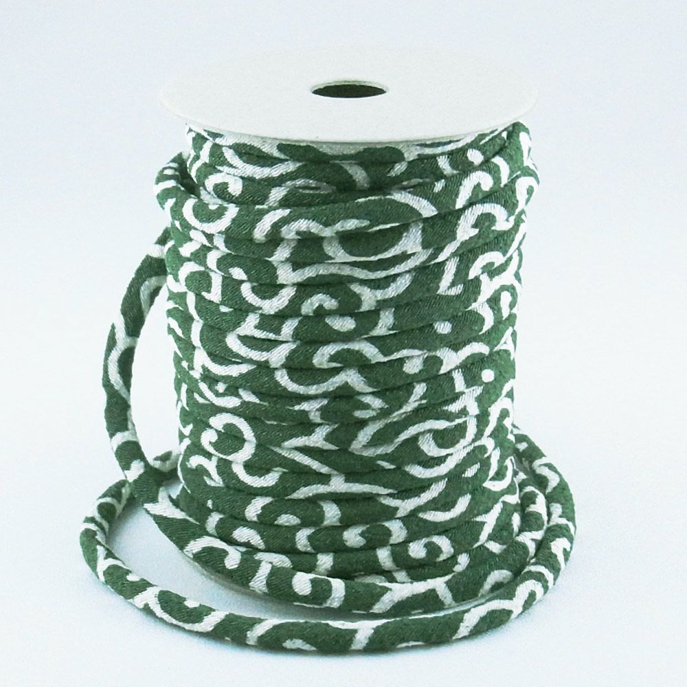 ちりめん丸ひも・小紋調柄・３ミリ（実寸約4ミリ）　唐草・緑