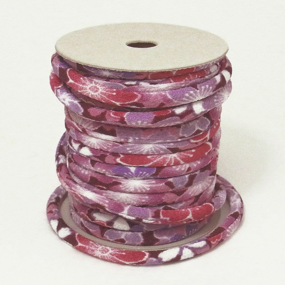 ちりめん丸ひも・柄・４ミリ（実寸約5-6ミリ）　みだれ桜・紫