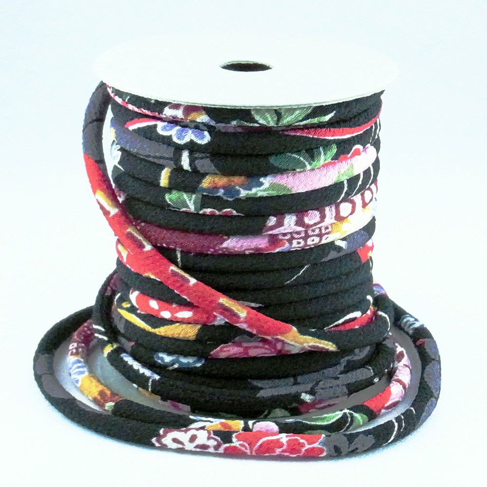 ちりめん丸ひも・柄・４ミリ（実寸約5-6ミリ）　典雅・黒