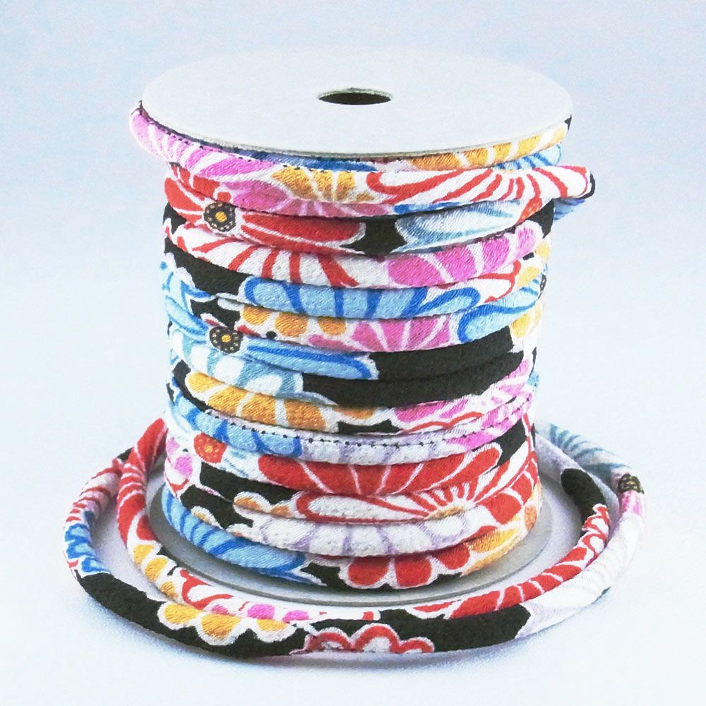 ちりめん丸ひも・柄・４ミリ（実寸約5-6ミリ）　菊並べ・黒