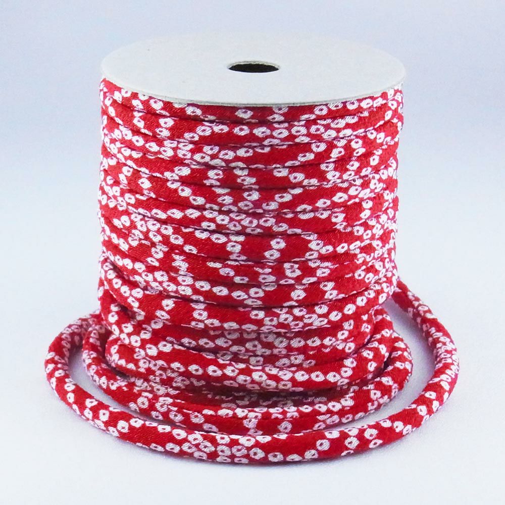 ちりめん丸ひも・小紋調柄・４ミリ（実寸約5-6ミリ）　疋田並べ・赤
