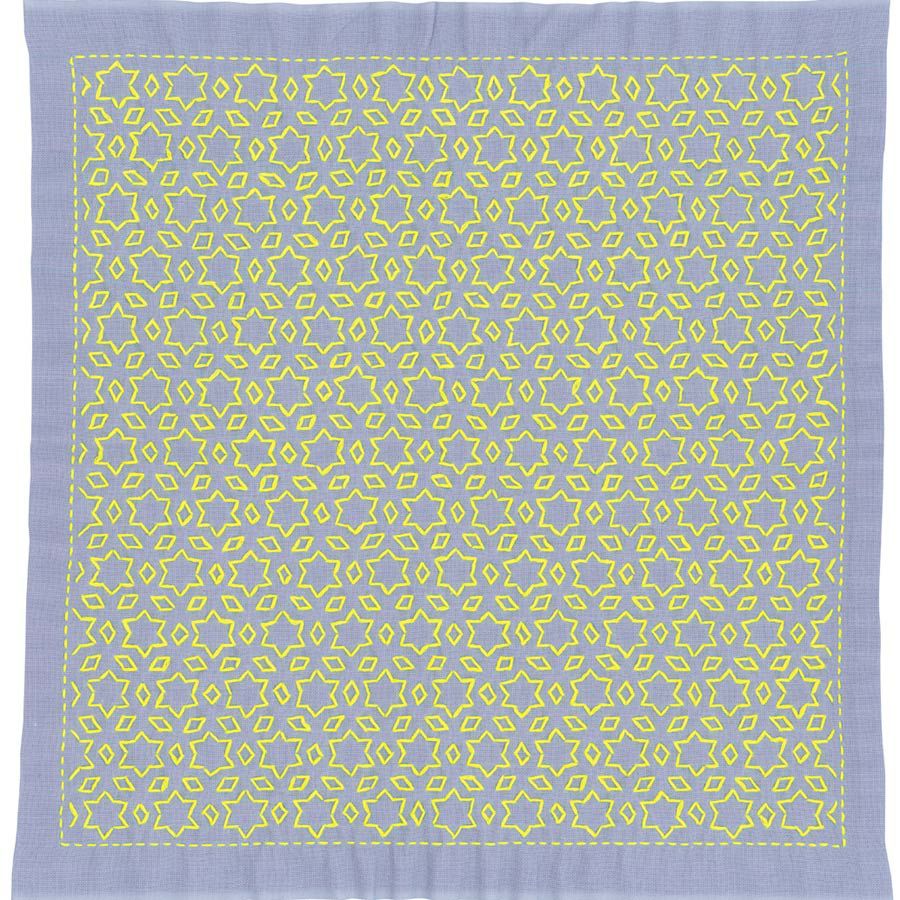 一目刺しの花ふきん・星と三つ菱（ラベンダー）