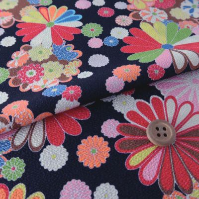 ポリちりめん生地・大菊小菊(黒) 10cm単位 切り売り