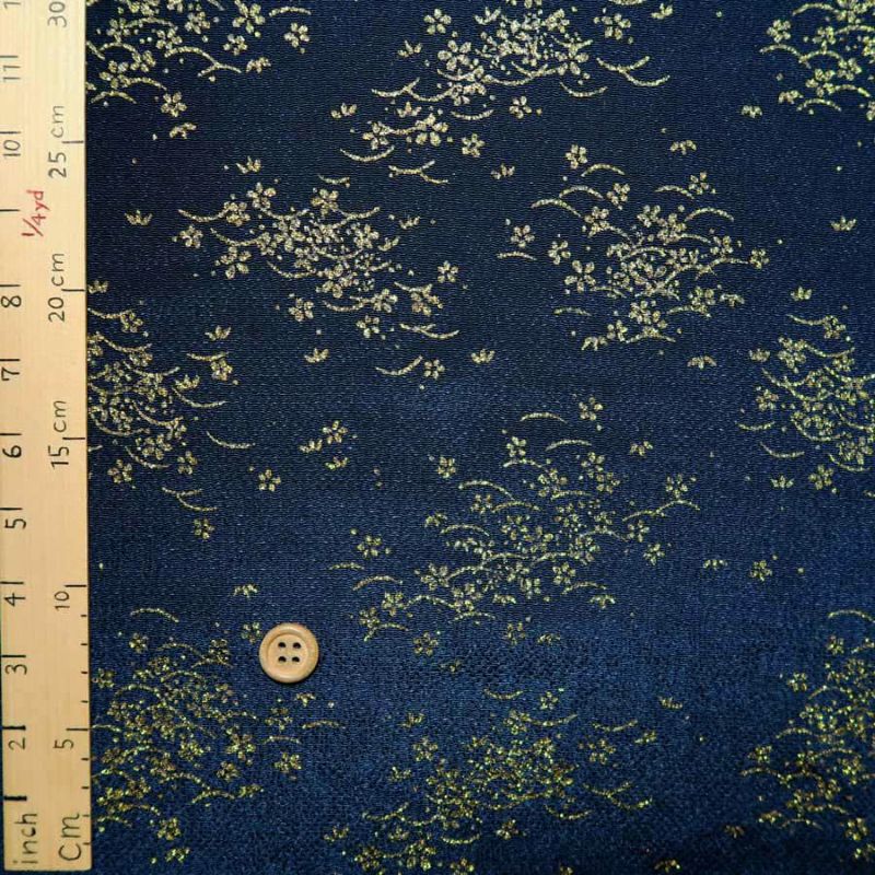 ちりめん生地 露芝に桜(濃紺) 10cm単位 切り売り |生地 和柄
