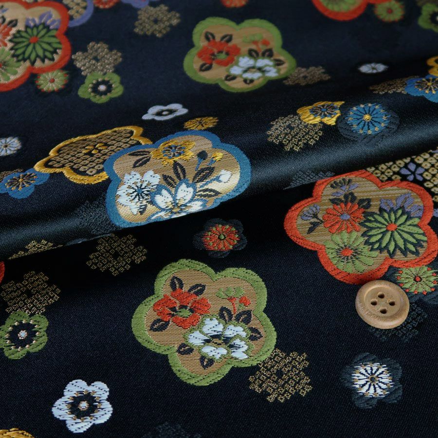 金襴生地(金らん) 梅菊重ね(黒/紫) 10cm単位 切り売り |生地 和柄/和布 