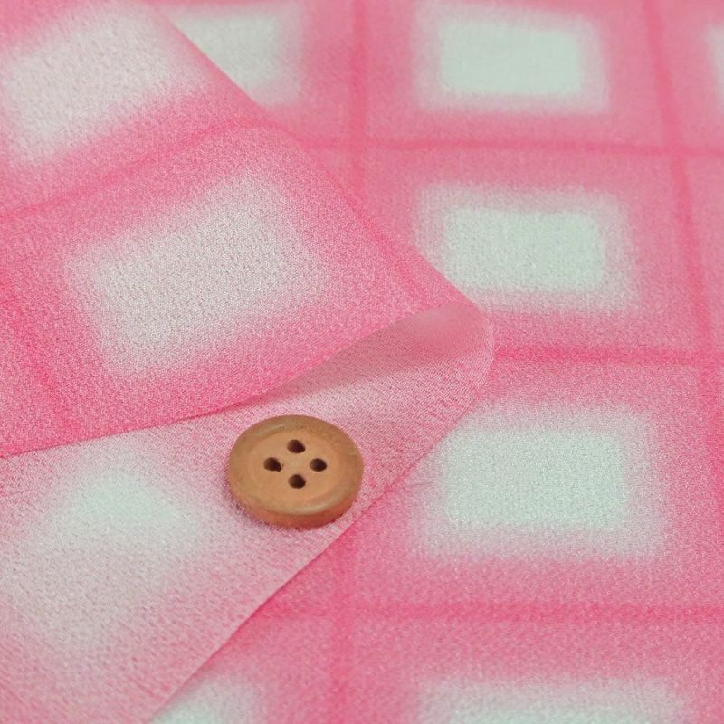 一越ちりめん生地 格子ぼかし(ローズピンク)