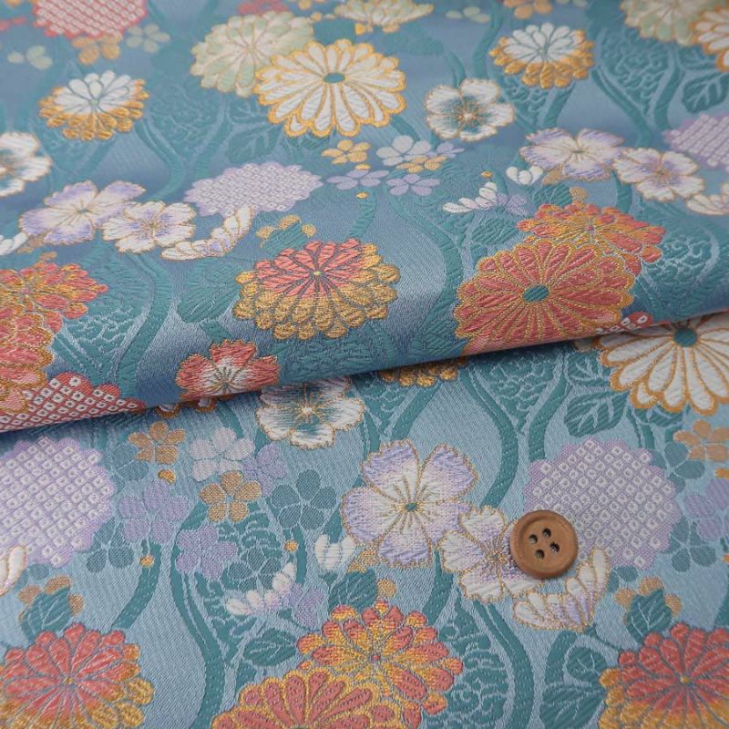 金襴生地(金らん) 雲立涌に菊花(水色) 