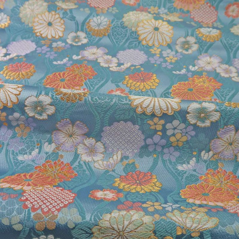 金襴生地(金らん) 雲立涌に菊花(水色) 