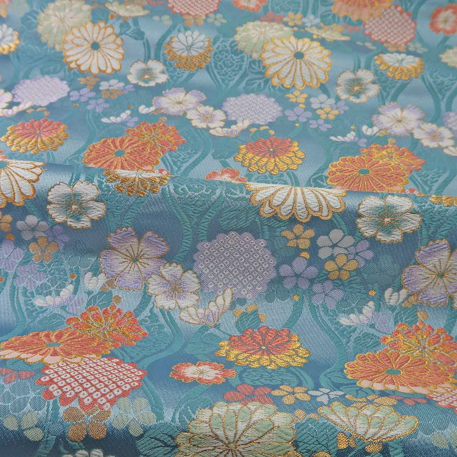 金襴生地(金らん) 雲立涌に菊花(水色) 