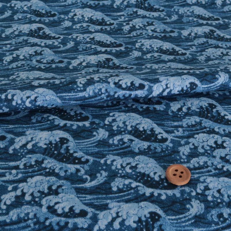 和柄コットン生地 デニム風荒波文様(藍色)