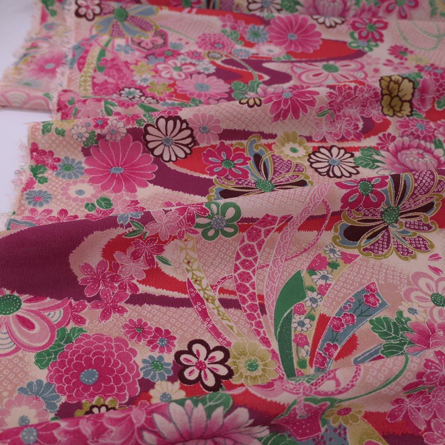 一越ちりめん生地 しぼりに花のし小槌文様(ピンク/あずき) 10cm単位 切り売り