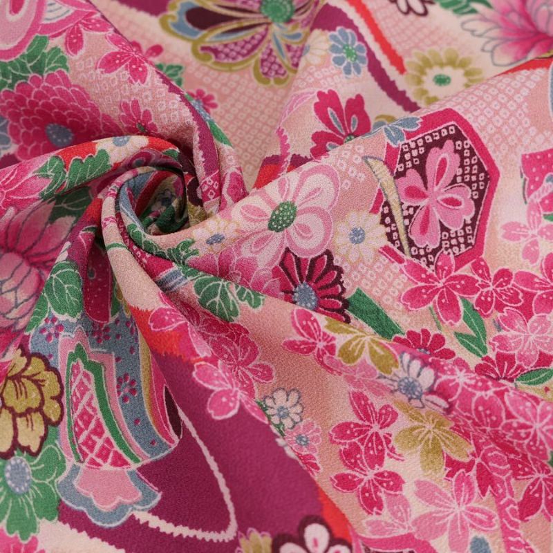 一越ちりめん生地 しぼりに花のし小槌文様(ピンク/あずき) 10cm単位 切り売り