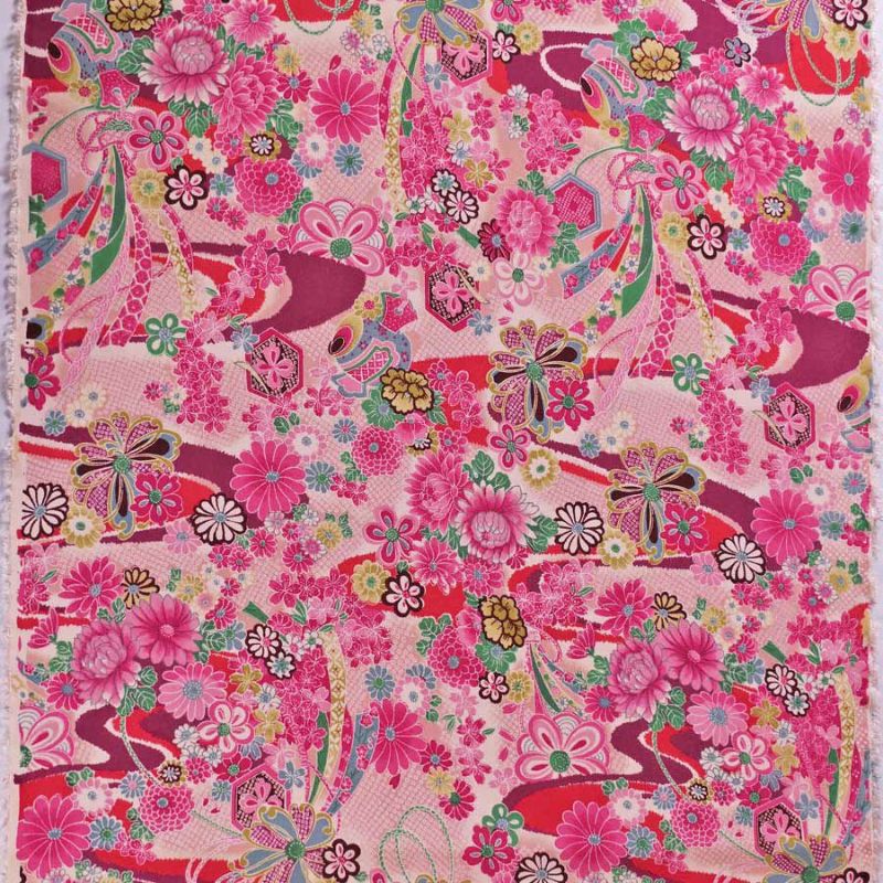 一越ちりめん生地 しぼりに花のし小槌文様(ピンク/あずき) 10cm単位 切り売り