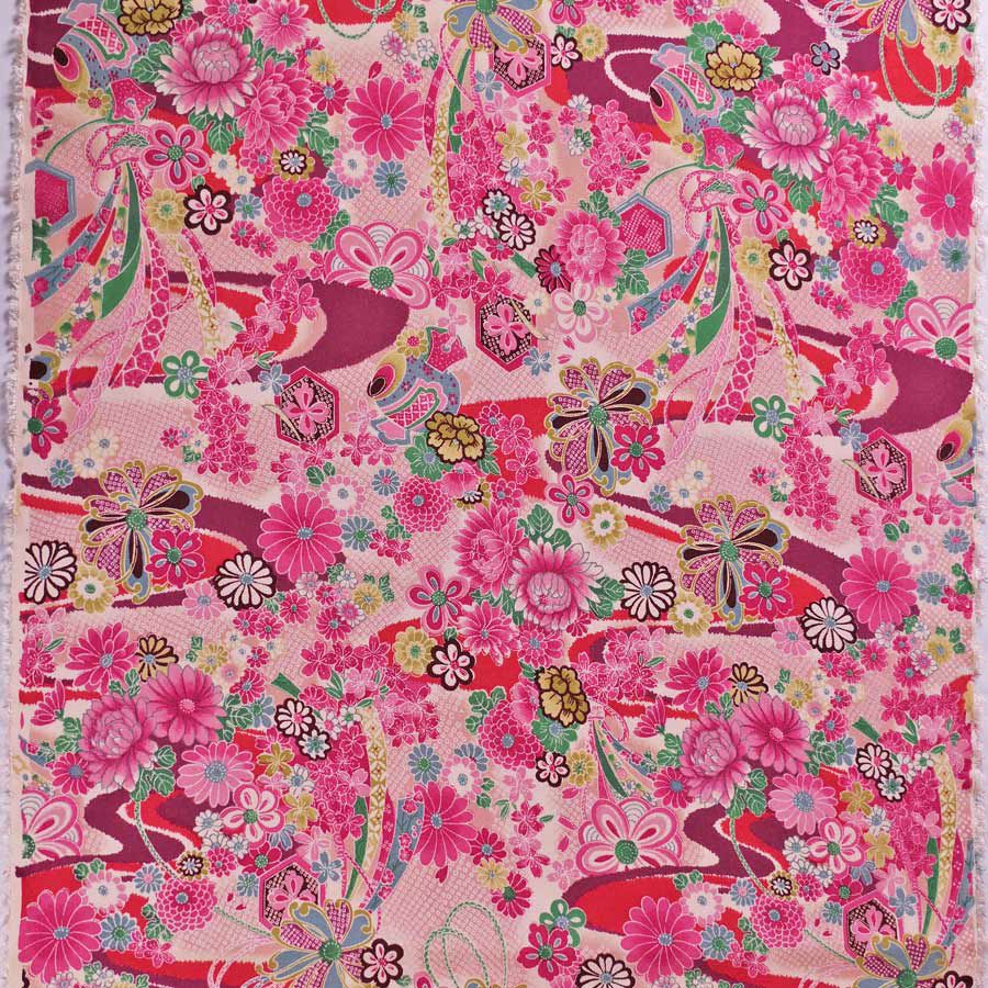 一越ちりめん生地 しぼりに花のし小槌文様(ピンク/あずき) 10cm単位 切り売り