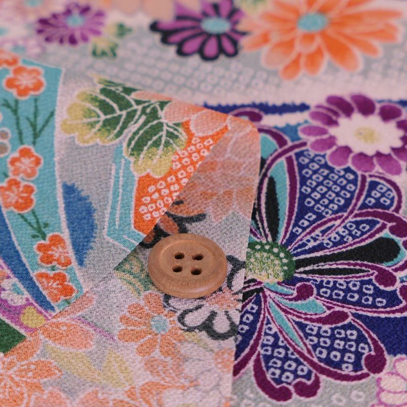 一越ちりめん生地 しぼりに花のし小槌文様(青) 10cm単位 切り売り