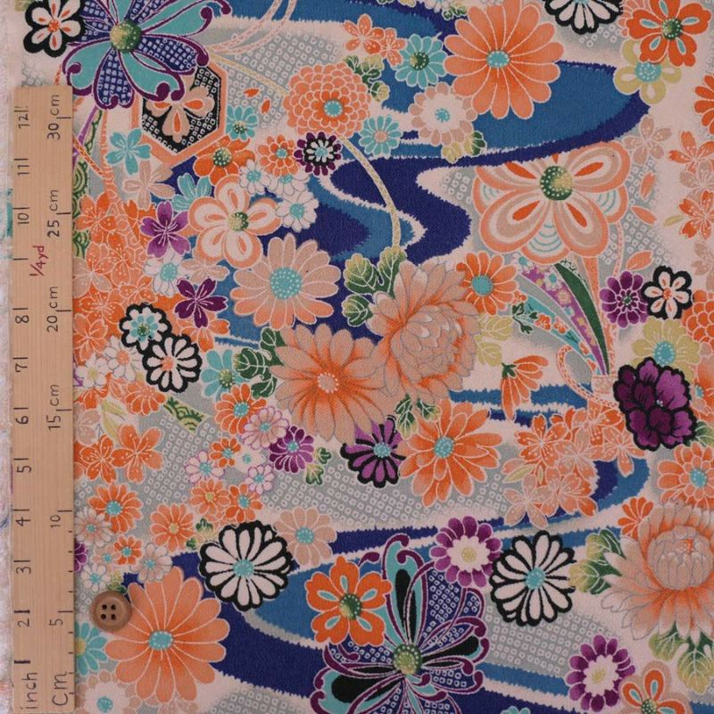 一越ちりめん生地 しぼりに花のし小槌文様(青) 10cm単位 切り売り