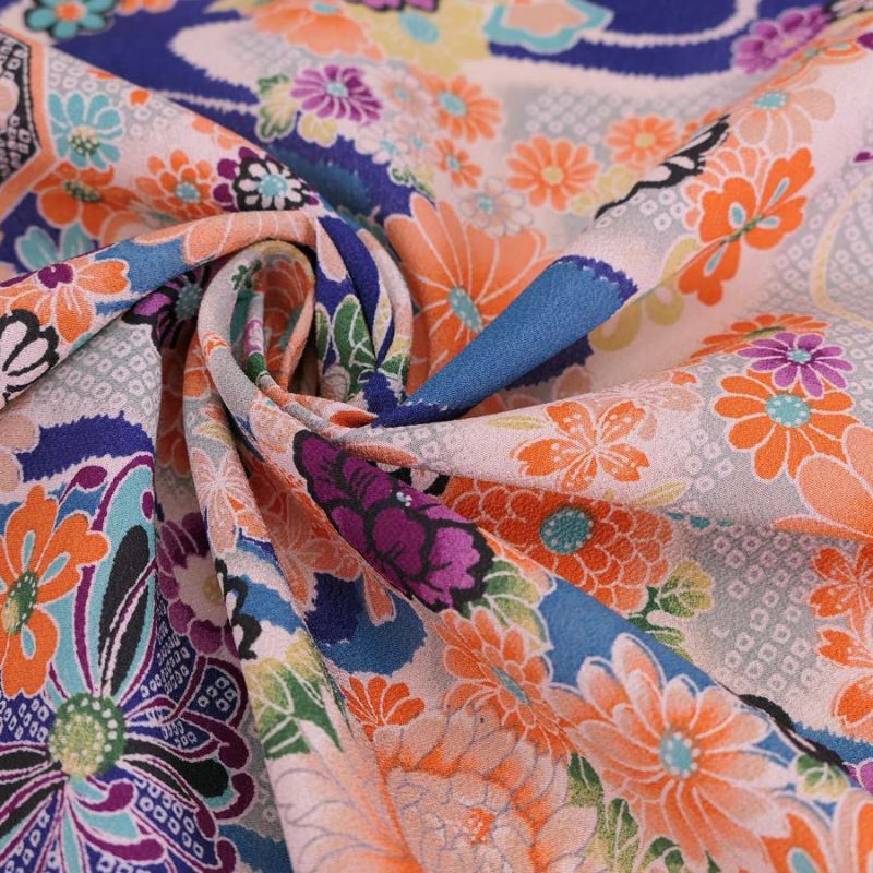 一越ちりめん生地 しぼりに花のし小槌文様(青) 10cm単位 切り売り