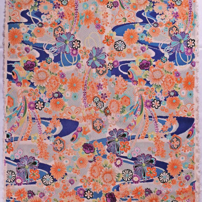 一越ちりめん生地 しぼりに花のし小槌文様(青) 10cm単位 切り売り