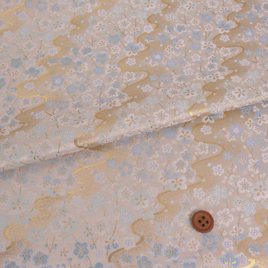 金襴生地(金らん) 金霞に小さな枝梅(水色) 10cm単位 切り売り