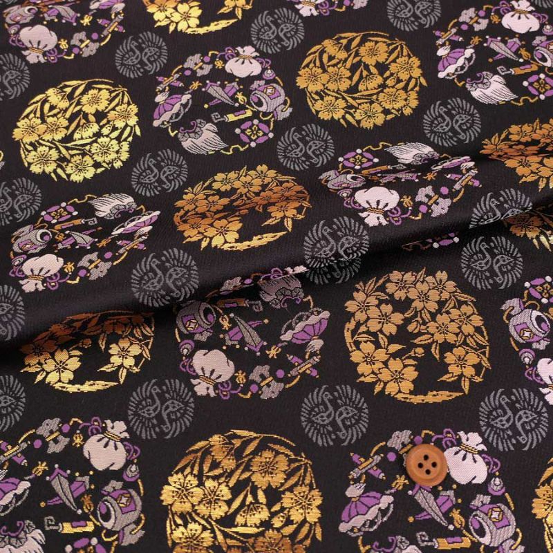 金襴生地(金らん) 花丸と宝尽くし(黒)