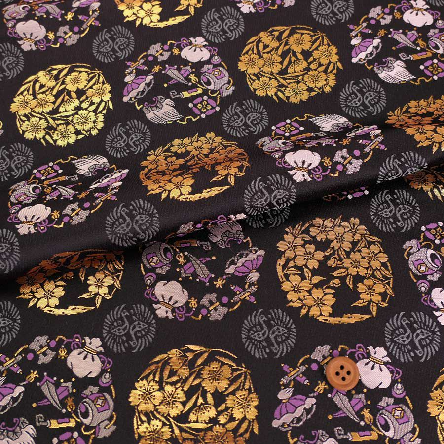 金襴生地(金らん) 花丸と宝尽くし(黒)