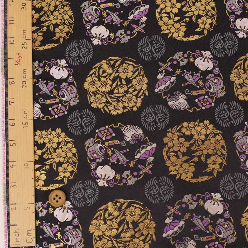 金襴生地(金らん) 花丸と宝尽くし(黒)