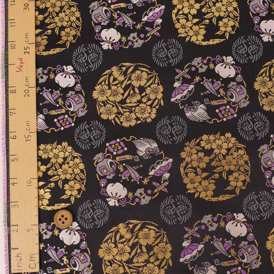 金襴生地(金らん) 花丸と宝尽くし(黒)