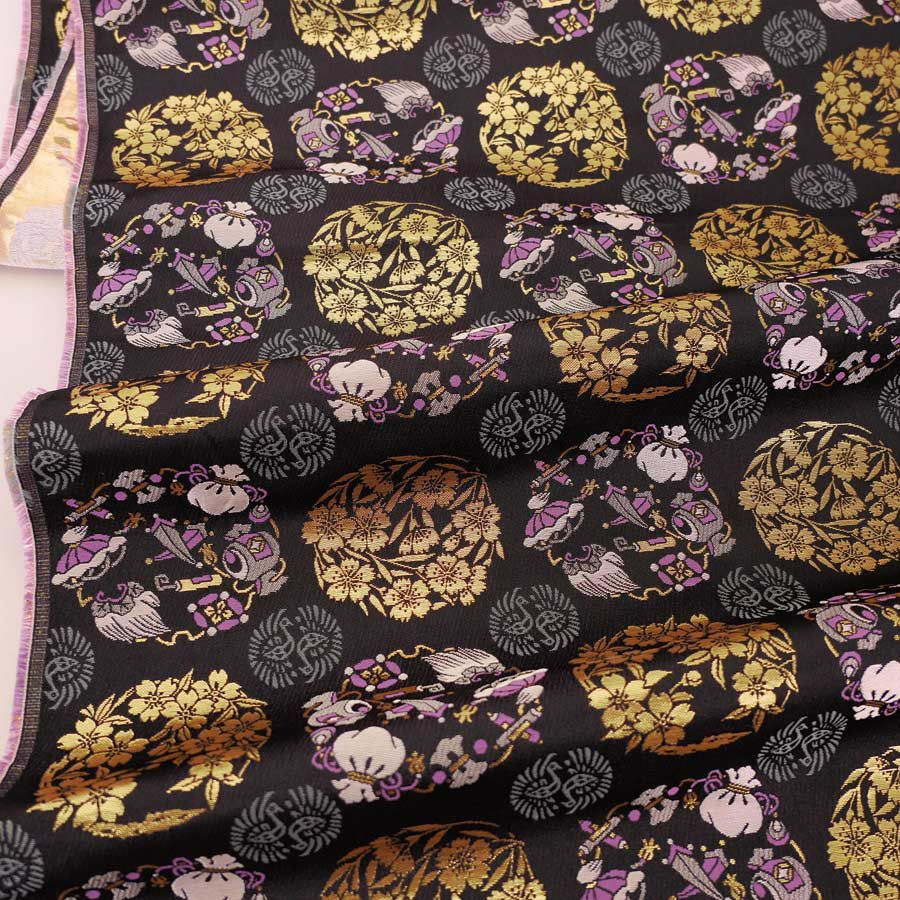 金襴生地(金らん) 花丸と宝尽くし(黒)