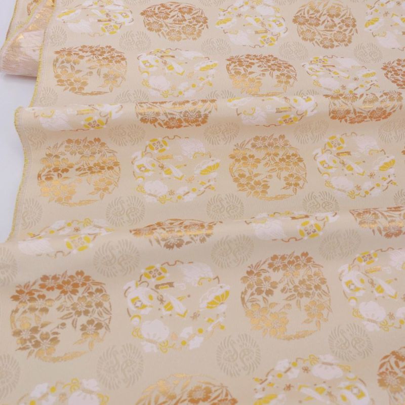 金襴生地(金らん) 花丸と宝尽くし(クリームベージュ)