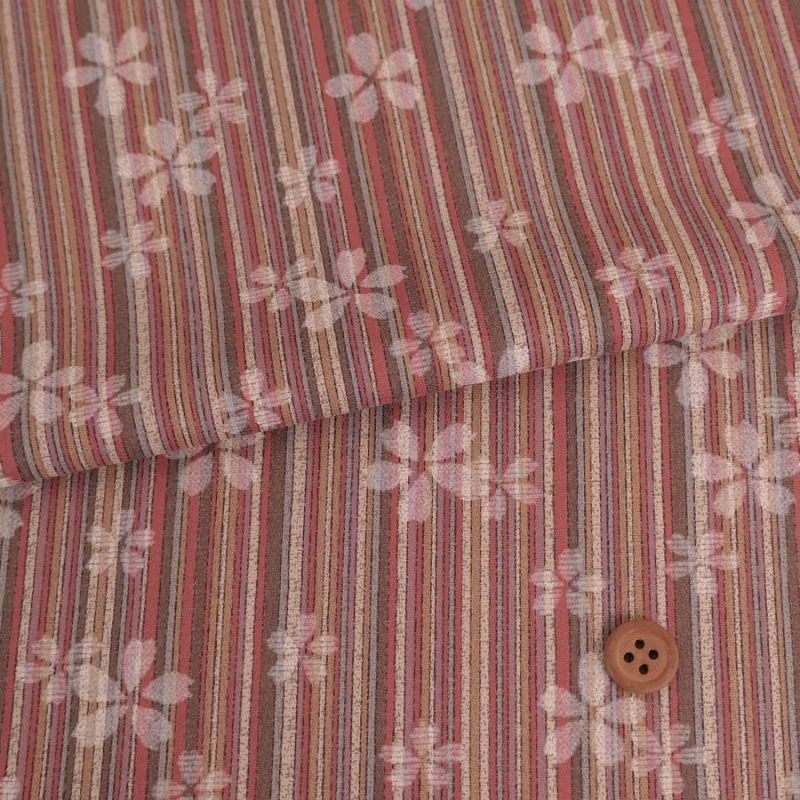 和柄コットン生地 アムンゼン からふる縞に桜(ローズ) ピンク色 渋い色 洋服甚平浴衣ソーイング