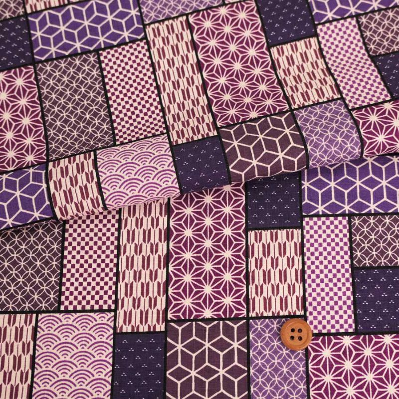 和柄コットン生地 伝統柄のパズル(紫) 10cm単位 切り売り伝統模様パッチワーク柄 パープル和調布 ドビークロス日本風