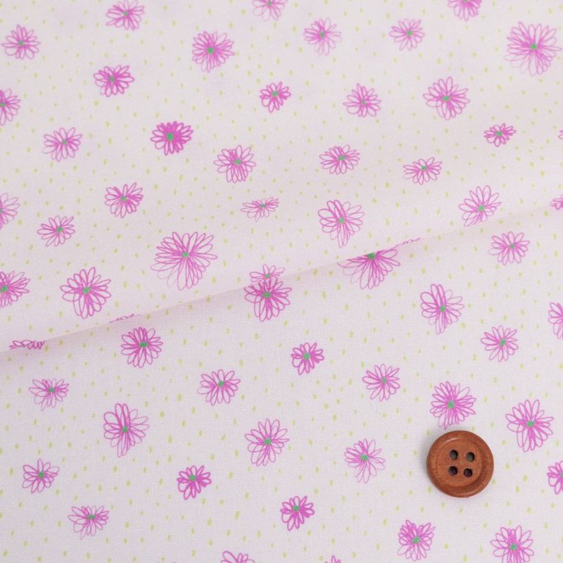 コットン生地 手描き風のお花とドット(ピンクの花) 10cm単位 切り売り 綿シーチングプリント かわいい花柄 女の子の洋服や小物に