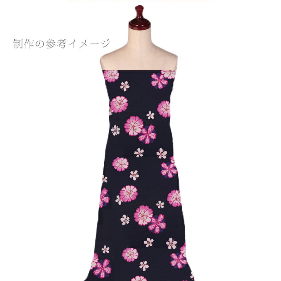 ポリちりめん生地 桜紋ちらし(紺/ピンク) 10cm単位 切り売り |生地 和