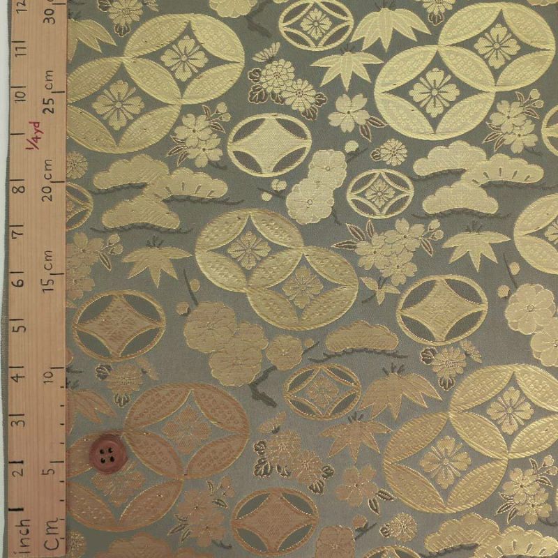 金襴生地(金らん) 七宝に松竹梅(茶ねず) 10cm単位 切り売り