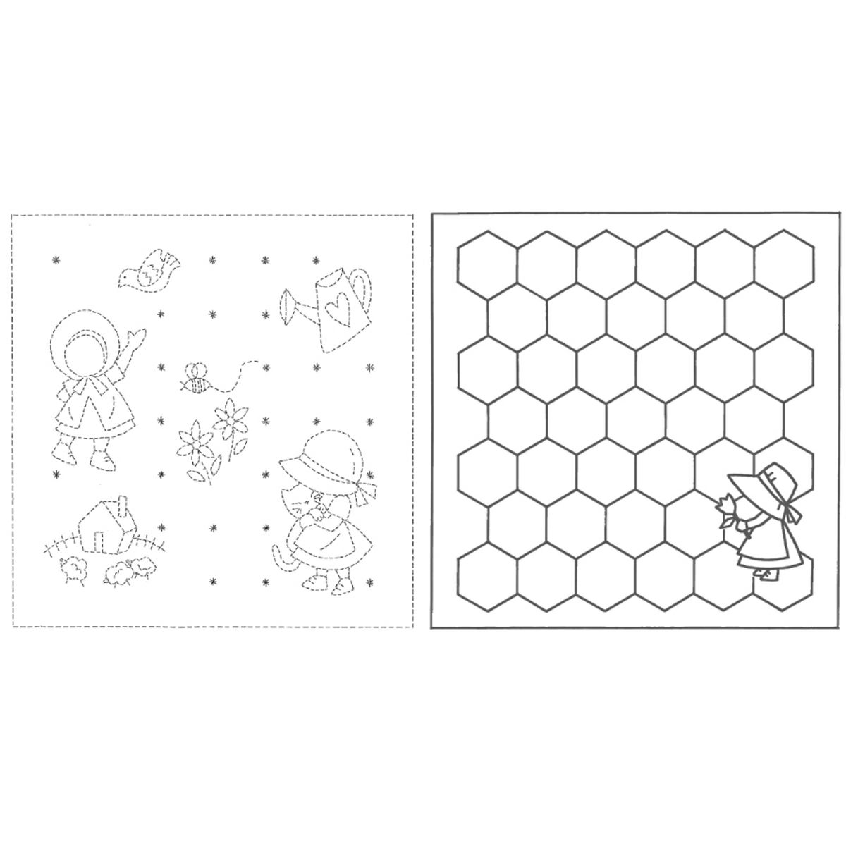 刺し子布 花ふきん (スー/ハニカム) 白 サンボンネットスー柄さしこ布地 刺子生地 洋風柄 ハニカム 晒