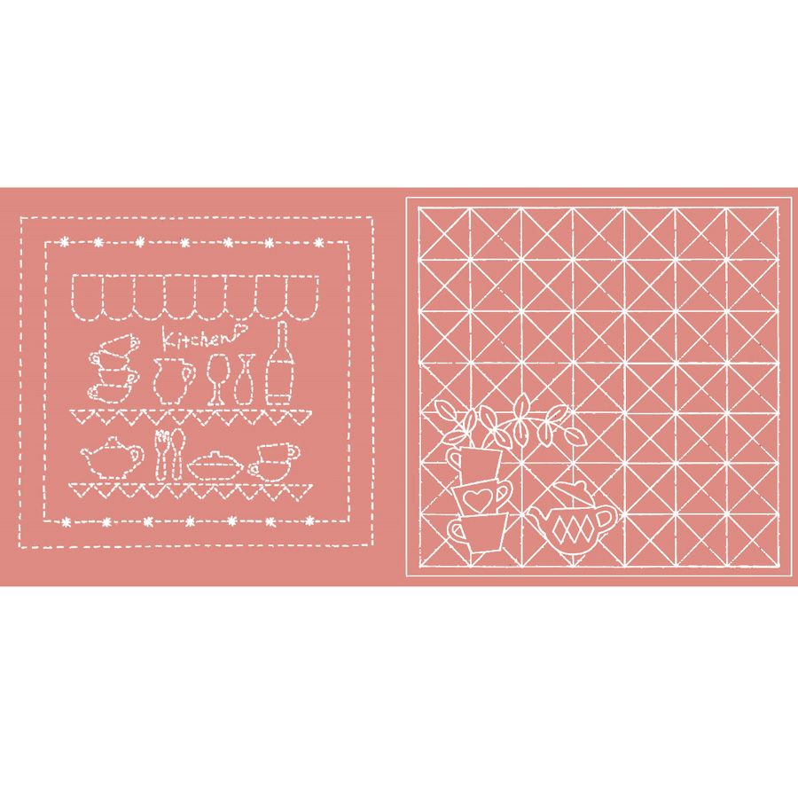 刺し子布 花ふきん (キッチン/ティーカップ) ローズ 刺子用生地 さしこ用布地 キッチン柄 ティーカップ柄 ピンク色