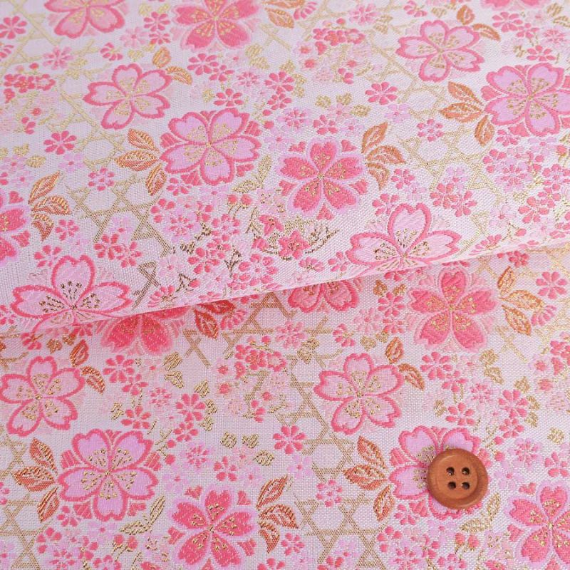 金襴生地(金らん) 金のかごめに桜づくし(白/ピンク) 西陣織物きんらん 可愛い桜柄 桜模様 女の子帯用生地にかわいい