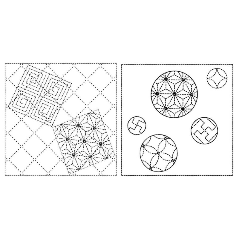 刺し子布 花ふきん (麻の葉と雷紋/手まり柄) 白