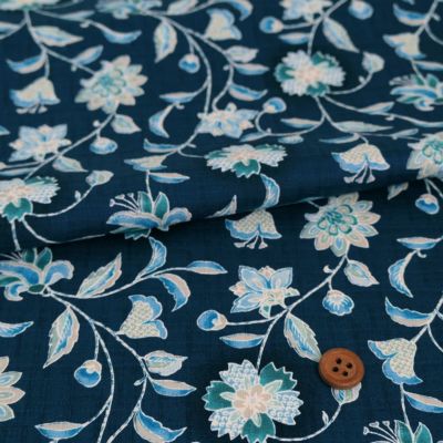 在庫限り/和柄コットン生地 更紗風花柄(藍色) 10cm単位 切り売り