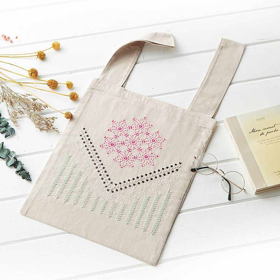 刺し子エコバッグキット・La bouquetiere(ラ ブケティエル) ピンクコスモスPinkcosmos オリムパス刺し子キット 刺子のエコバッグ 大人可愛いさしこ