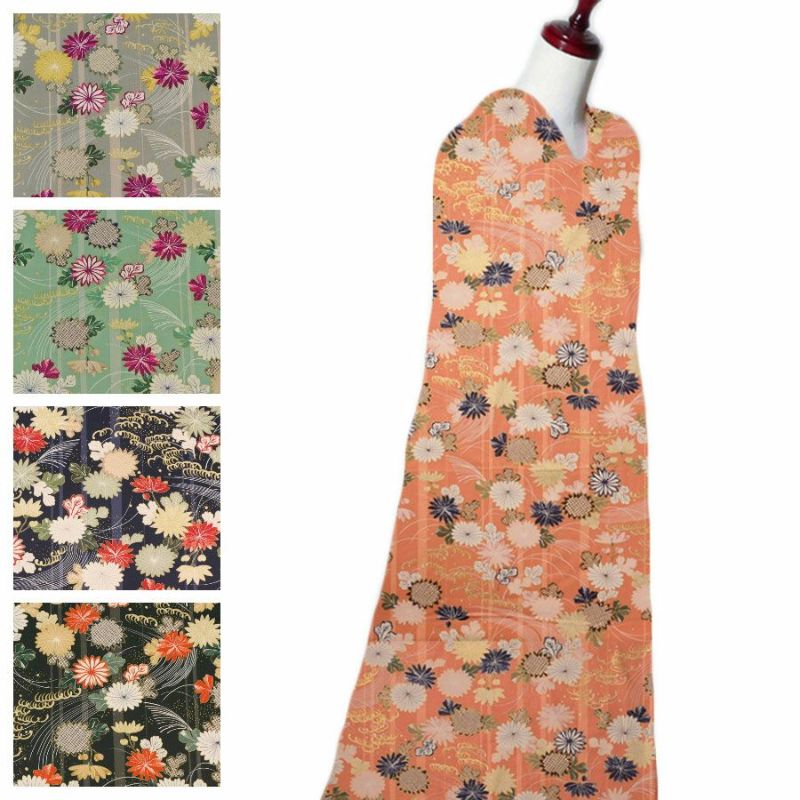 和柄コットン生地 加賀友禅の縞菊花柄(濃紺) 10cm単位 切り売り