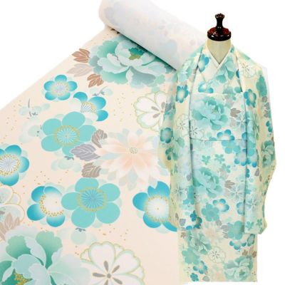 きもの着物 反物 青色×白×ピンク - 着物・浴衣