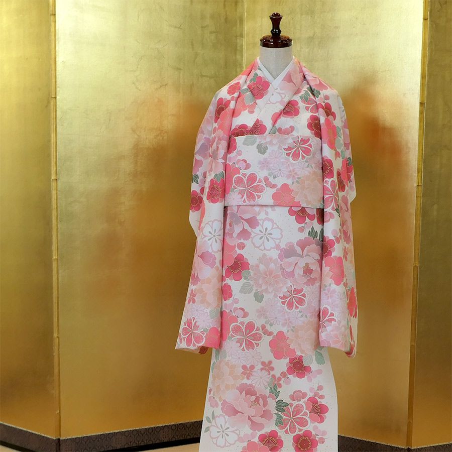 着物用洗える生地 和花の競演(コーラルピンク) 10cm単位 切り売り 
