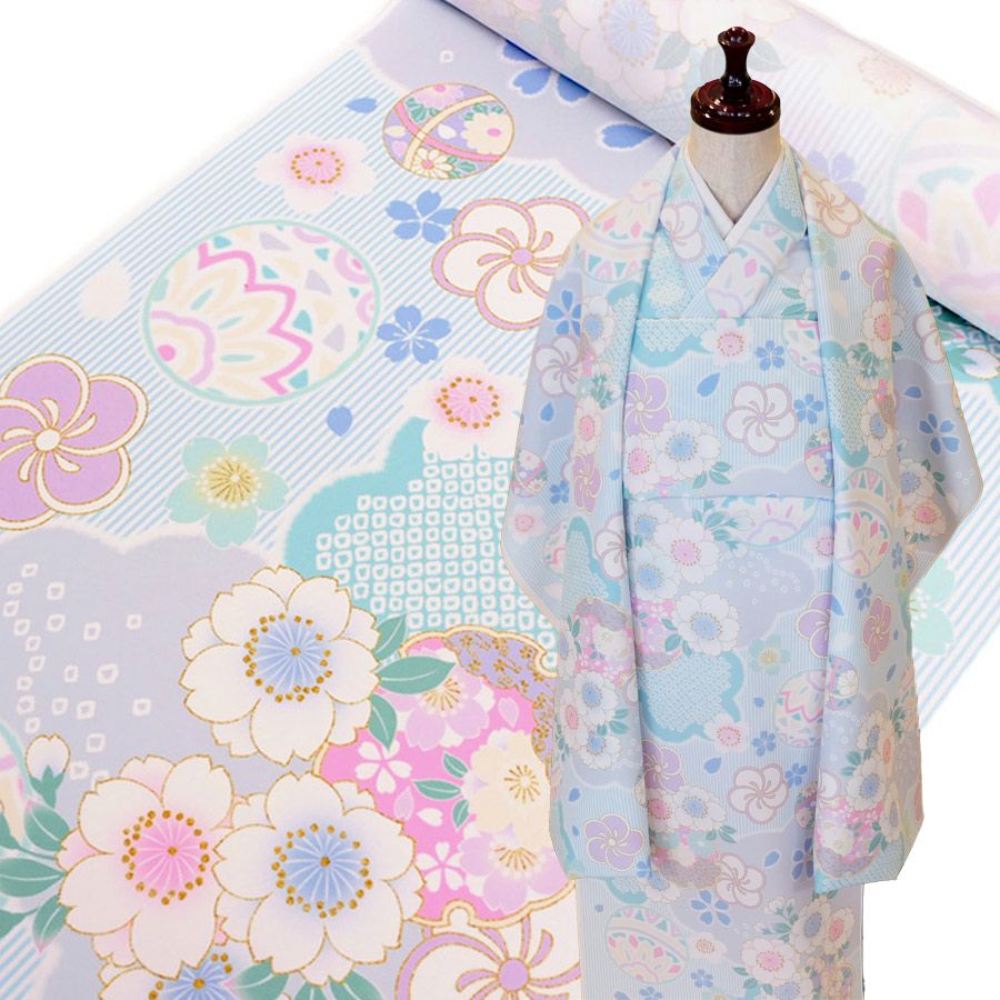 着物用洗える生地 縞に手まりと桜梅(水色) 1反売り(約12m) |生地 和柄  