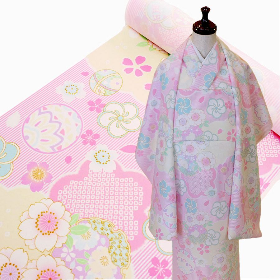 着物用洗える生地 宝尽くし雲取り柄にかのこ梅(ピンク) 1反売り(約12m 